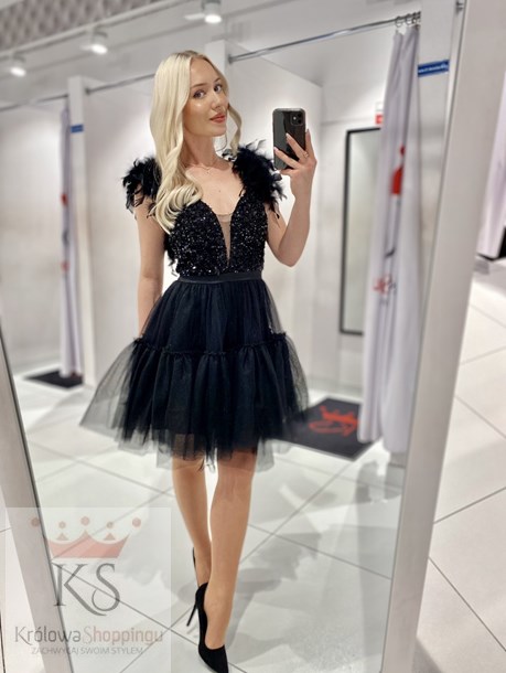 Sukienka krótka cekinowa góra pióra tiul czerń