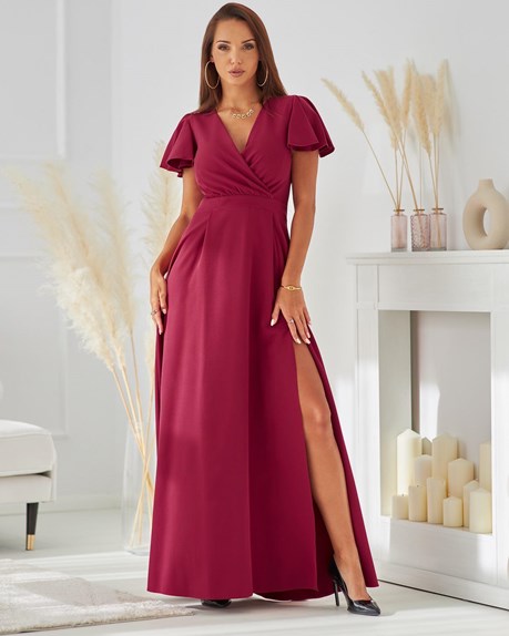 Sukienka długa rękawki dekolt bordo