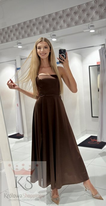 Sukienka długa satyna wiązanie plecy czekolada