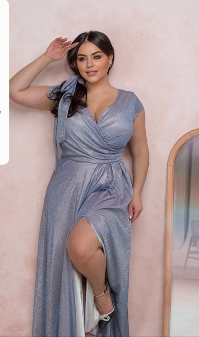 Sukienka długa rękawek marszczenia brokat fiolet