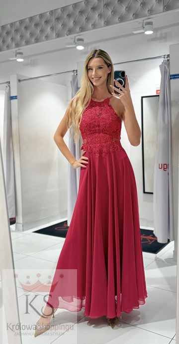 Sukienka długa ramiączka na krzyż malina