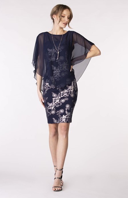 Sukienka maskująca z kwiatkami granat/srebro