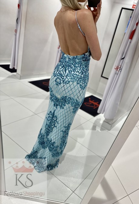 Sukienka długa ramiączka plecy cekin błękit