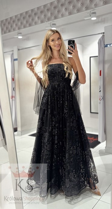 Sukienka długa balowa brokatowe kwiaty czerń