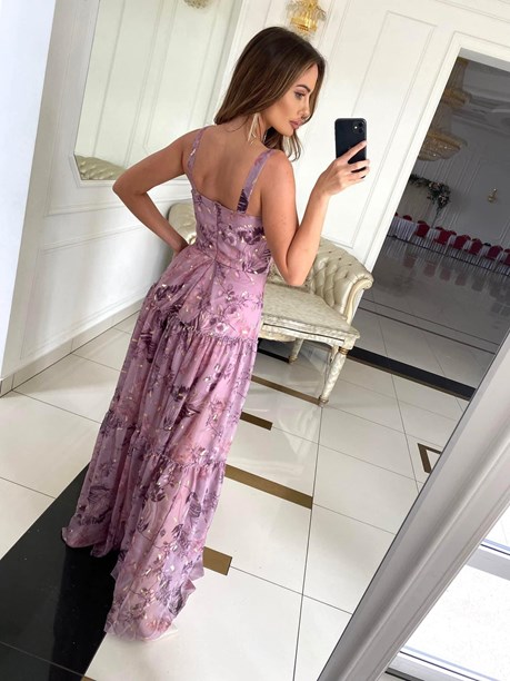 Sukienka długa szyfon doczepiany rękaw jagoda