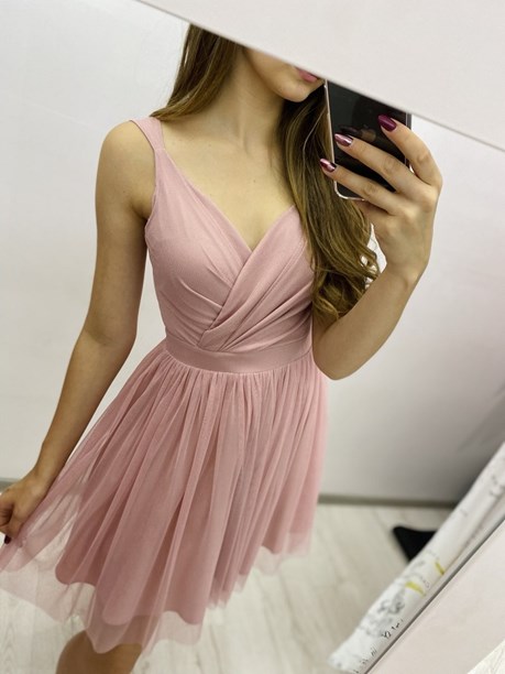 Sukienka krótka ramiączka pas tiul brokat pudrowy