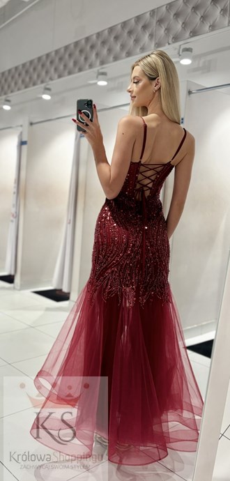 Sukienka długa rybka cekiny gorset tiul bordo