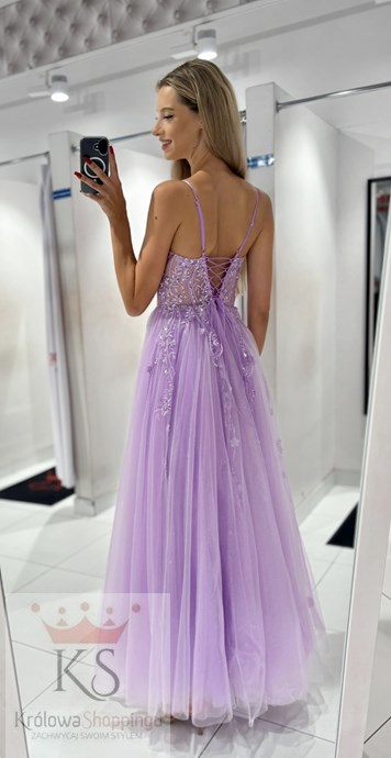 Sukienka długa gorset kwiaty haft brokat lila