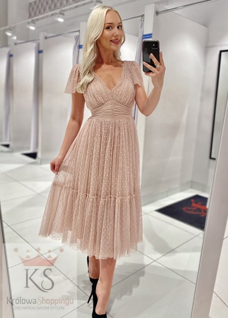 Sukienka midi tiulowa rękawek groszki beż