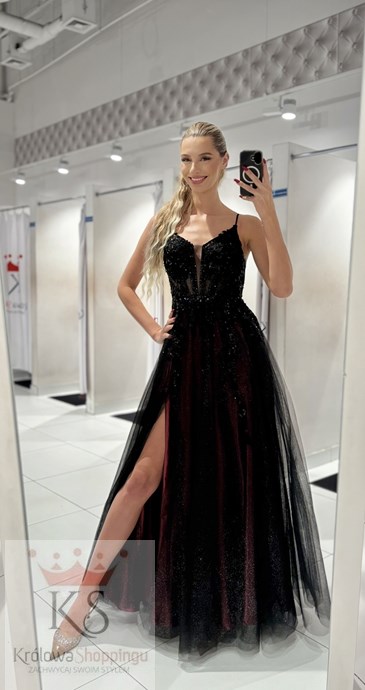 Sukienka długa gorset zdobienie brokat cz/bordo