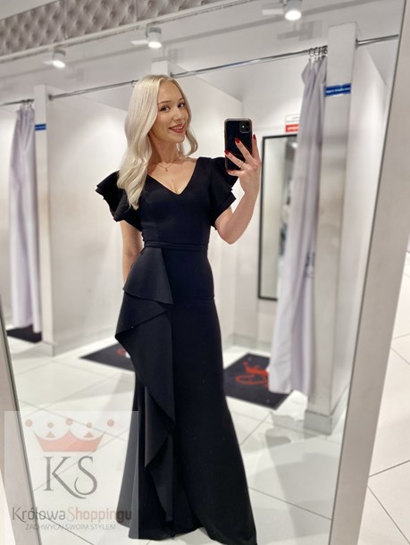 Sukienka długa dopasowana dekolt V falbany czerń