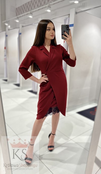 Sukienka krótka rękaw ozdoba koronka bordo/czerń