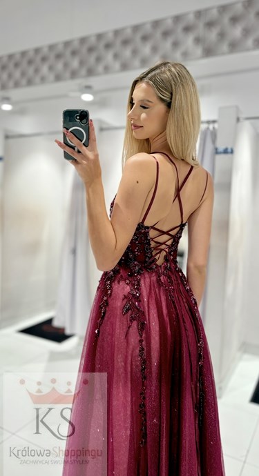 Sukienka długa gorset tiul brokat burgund/krem