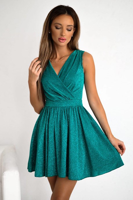 Sukienka krótka rozkloszowana dekolt brokat zieleń