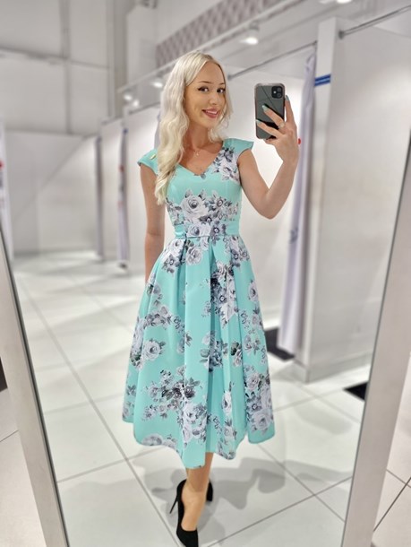 Sukienka midi kwiaty całość turkus
