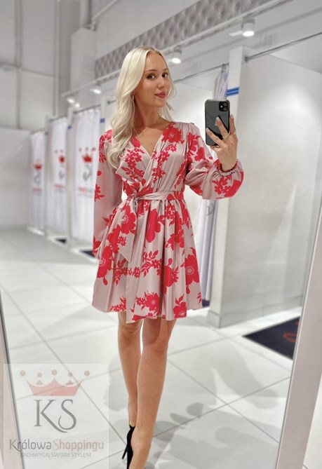 Sukienka krótka koszulowa rękaw kwiaty beż/róż