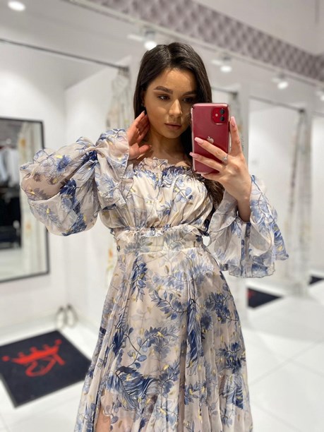 Sukienka długa hiszpanka rękaw kwiaty popiel