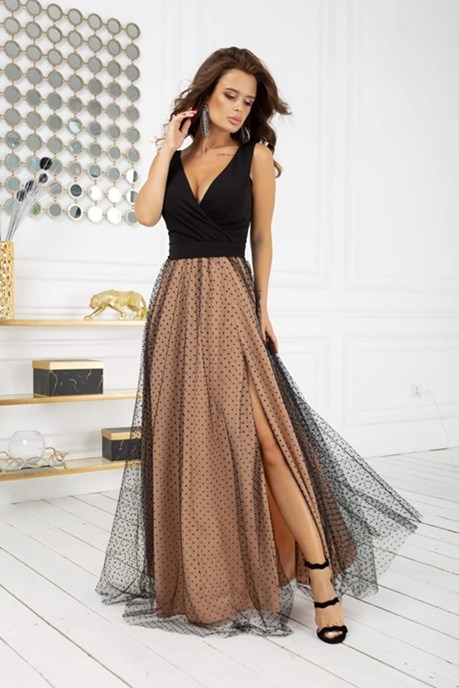 Sukienka długa dekolt zakładka groszki czarny/beż