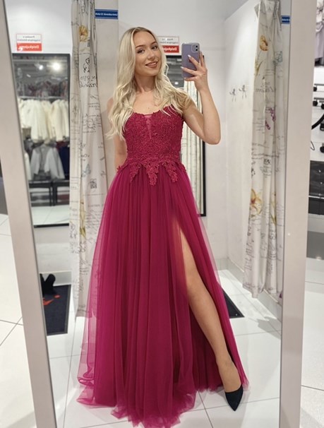 Sukienka długa tiul koronka wiązanie tył fuksja