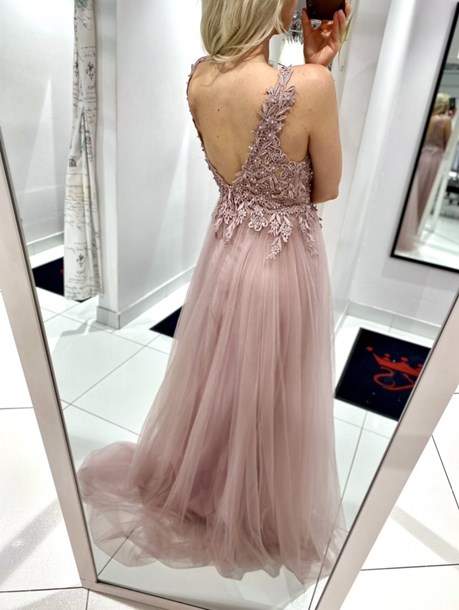 Sukienka długa koronkowy gorset tiul wrzos