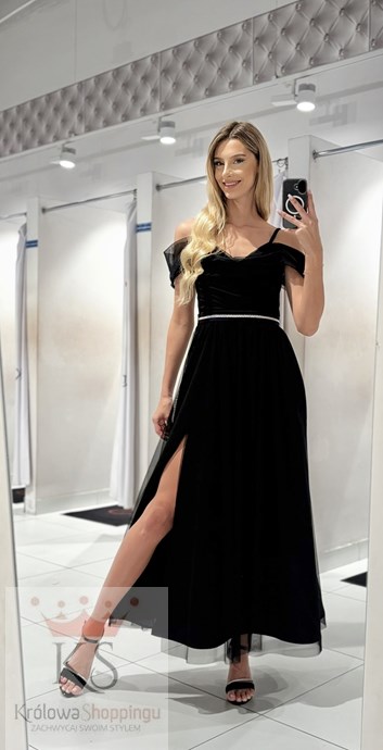 Sukienka długa opadające ramiona tiul czerń