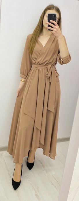 Sukienka długa rozcięcie rękaw 3/4 brąz