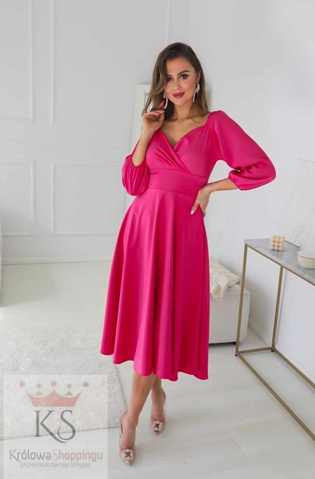 Sukienka midi rękawek 3/4 pas fuksja