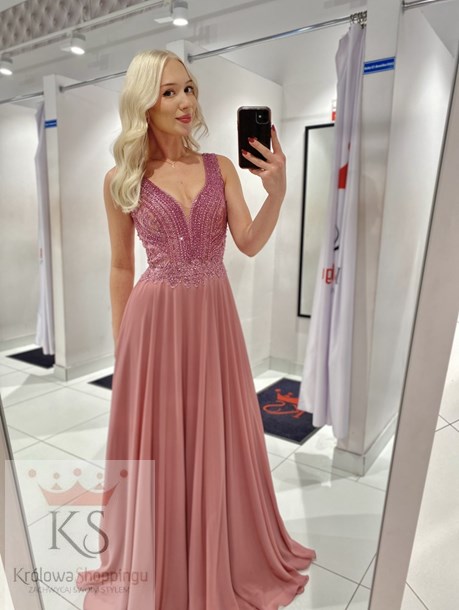 Sukienka długa ramiączka zdobiona góra róż