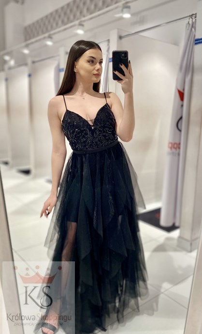 Sukienka długa falbany tiul cekiny czerń