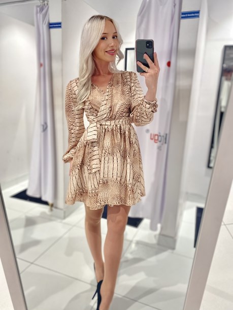 Sukienka krótka długi rękaw wzór beż/złoto