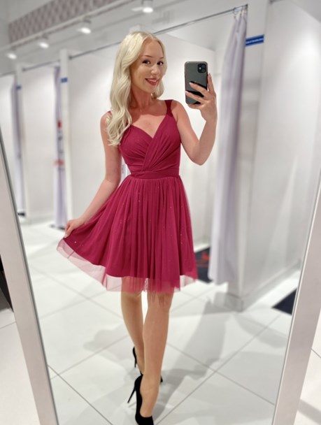 Sukienka krótka ramiączka pas tiul brokat śliwka