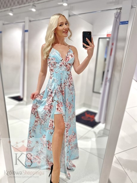 Sukienka długa kwiaty na ramiączkach dekolt turkus