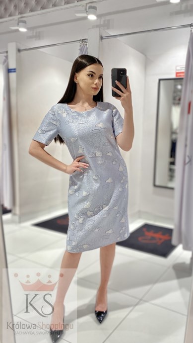 Sukienka krótka rękawek połysk srebro/biel