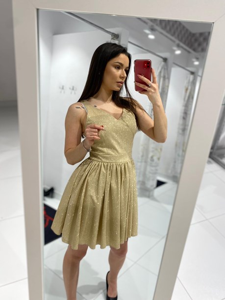 Sukienka krótka rozkloszowana brokat ciepłe złoto