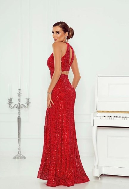 Sukienka długa dekolt z siateczką cekiny czerwień