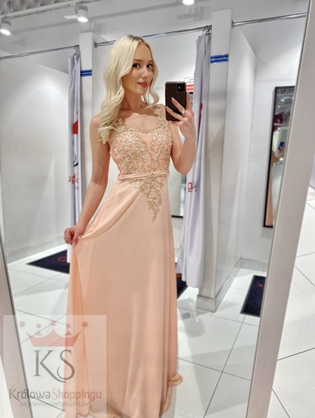 Sukienka długa perełkowy pas róż