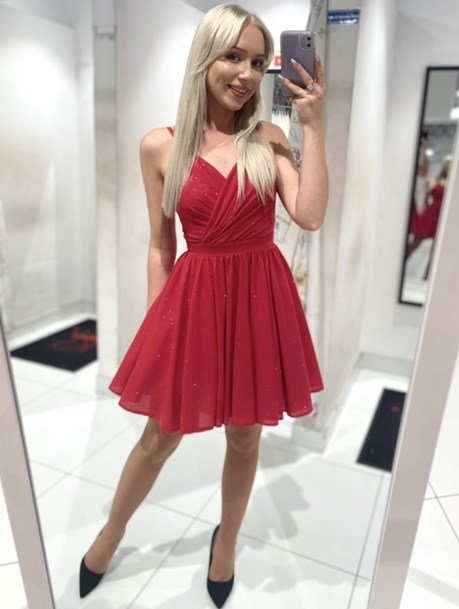 Sukienka krótka na ramiączkach brokat malina