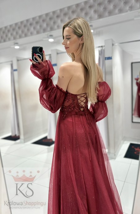 Sukienka długa gorset wiązanie rękawki bordo