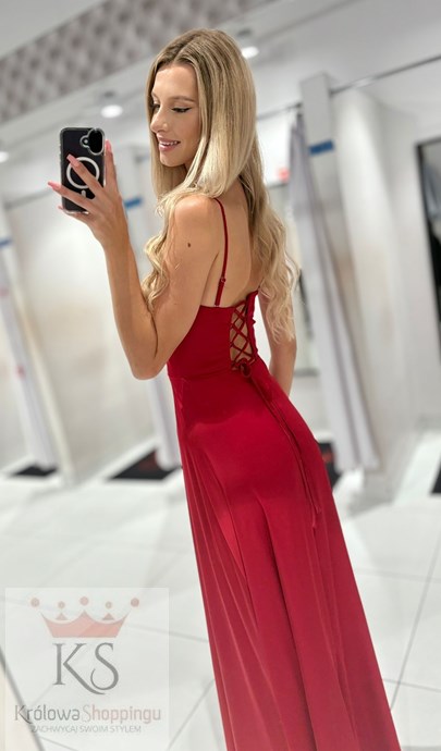 Sukienka długa rozkloszowana dekolt woda czerwień