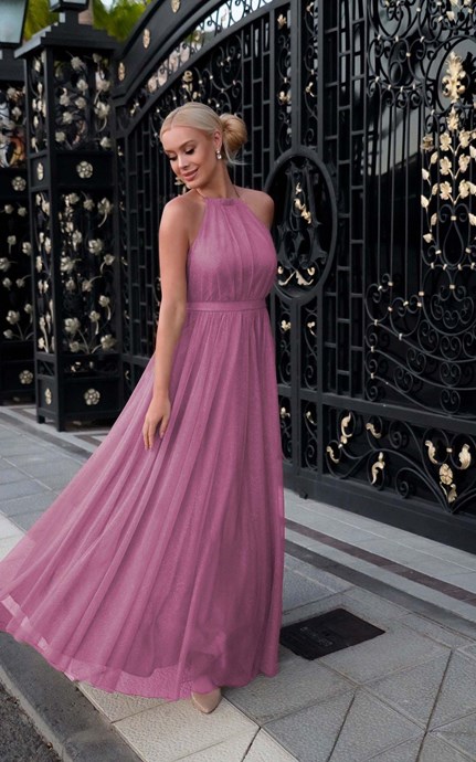 Sukienka długa wiązanie szyja tiul brokat róż