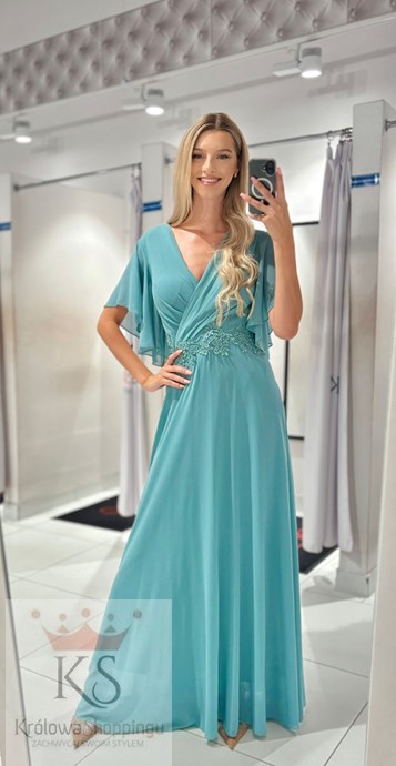 Sukienka długa rękawek motyl haft pistacja