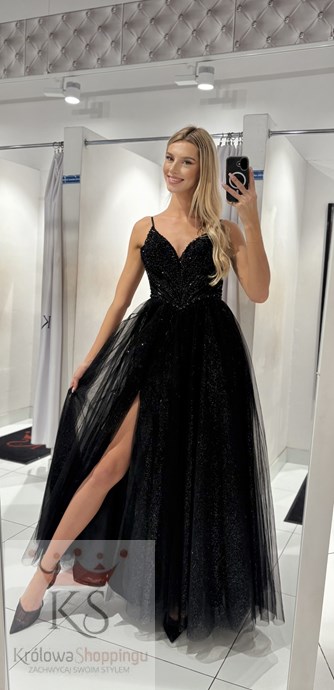 Sukienka długa perełki gorset wiązanie tiul czerń