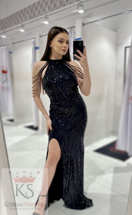 Sukienka długa cekiny na szyję rozcięcie czarna