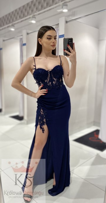 Sukienka długa gorset zdobienie haft granat