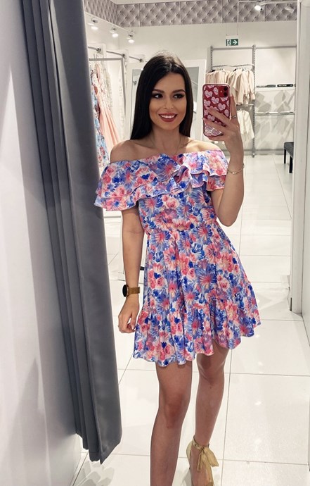 Sukienka krótka hiszpanka kwiaty róż/błękit