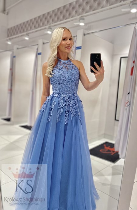 Sukienka długa tiul koronka na szyję niebieski