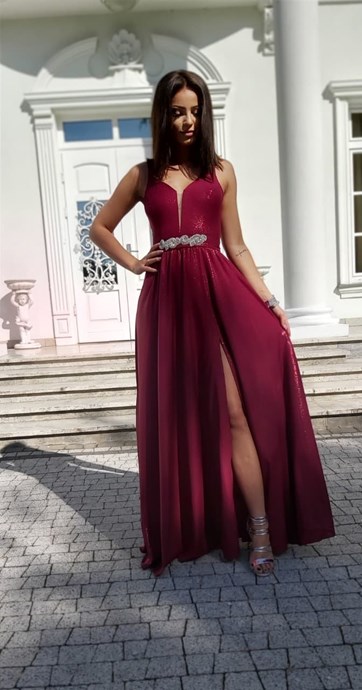 Sukienka długa siatka dekolt ramiączka bordo