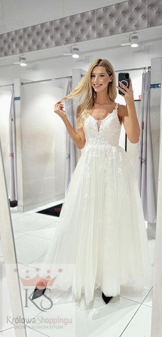 Sukienka długa tiul ramiączka koronka biel