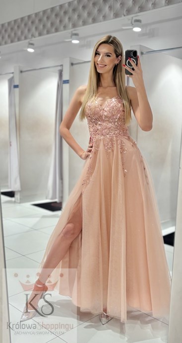 Sukienka długa gorset zdobienie tiul brzoskwinia