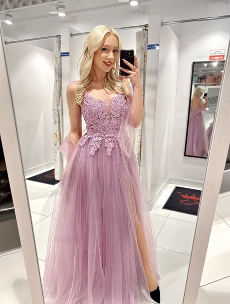 Sukienka długa tiul koronka wiązanie tył lila